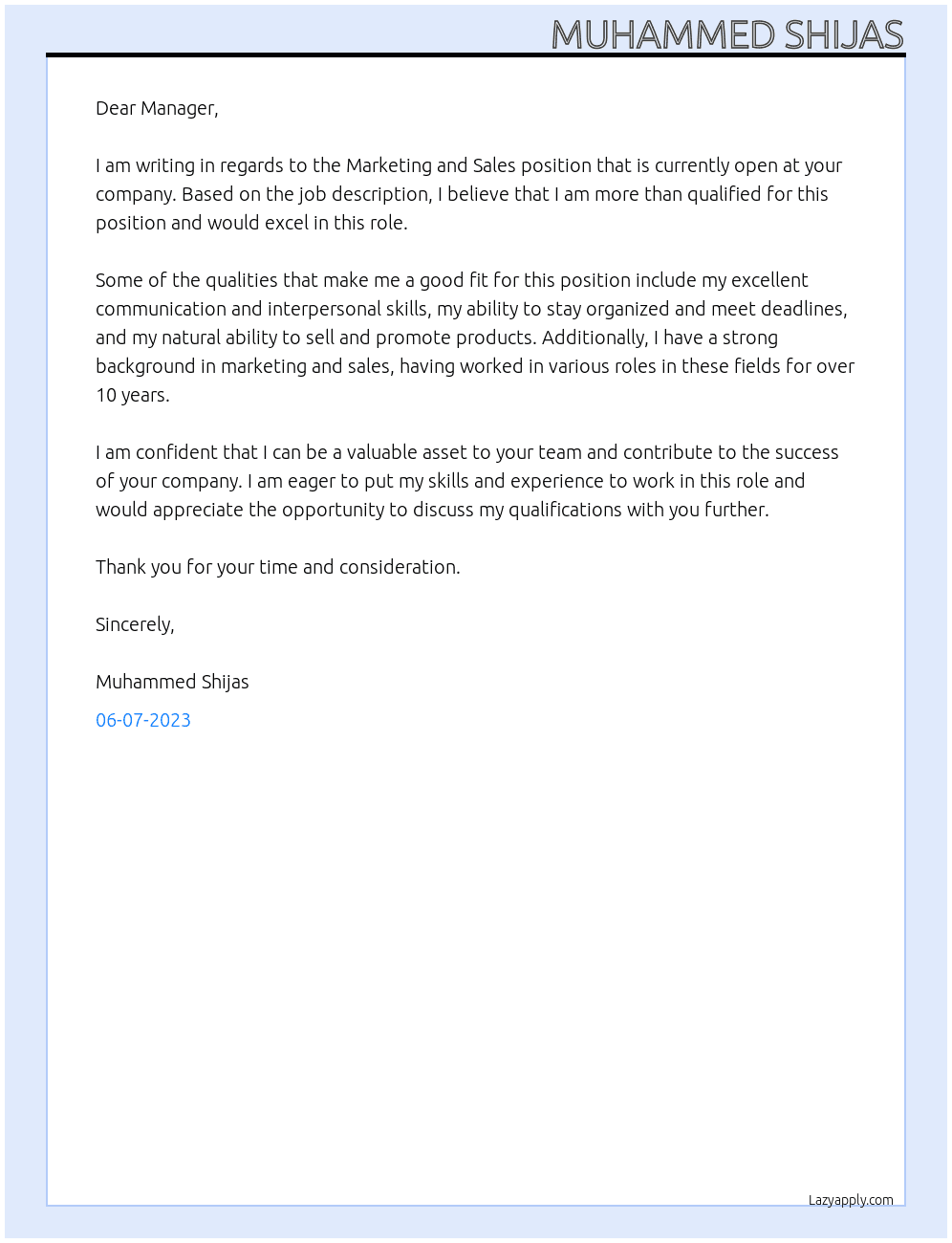 Marketing and sales At shijas Cover Letter