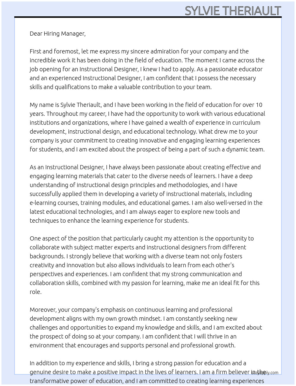 Instructional Designer At your company Cover Letter
