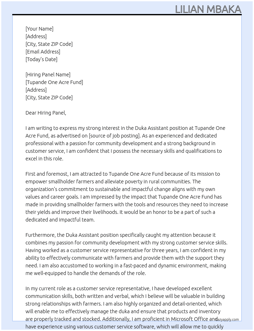 Duka assistant  At Tupande one acre fund  Cover Letter