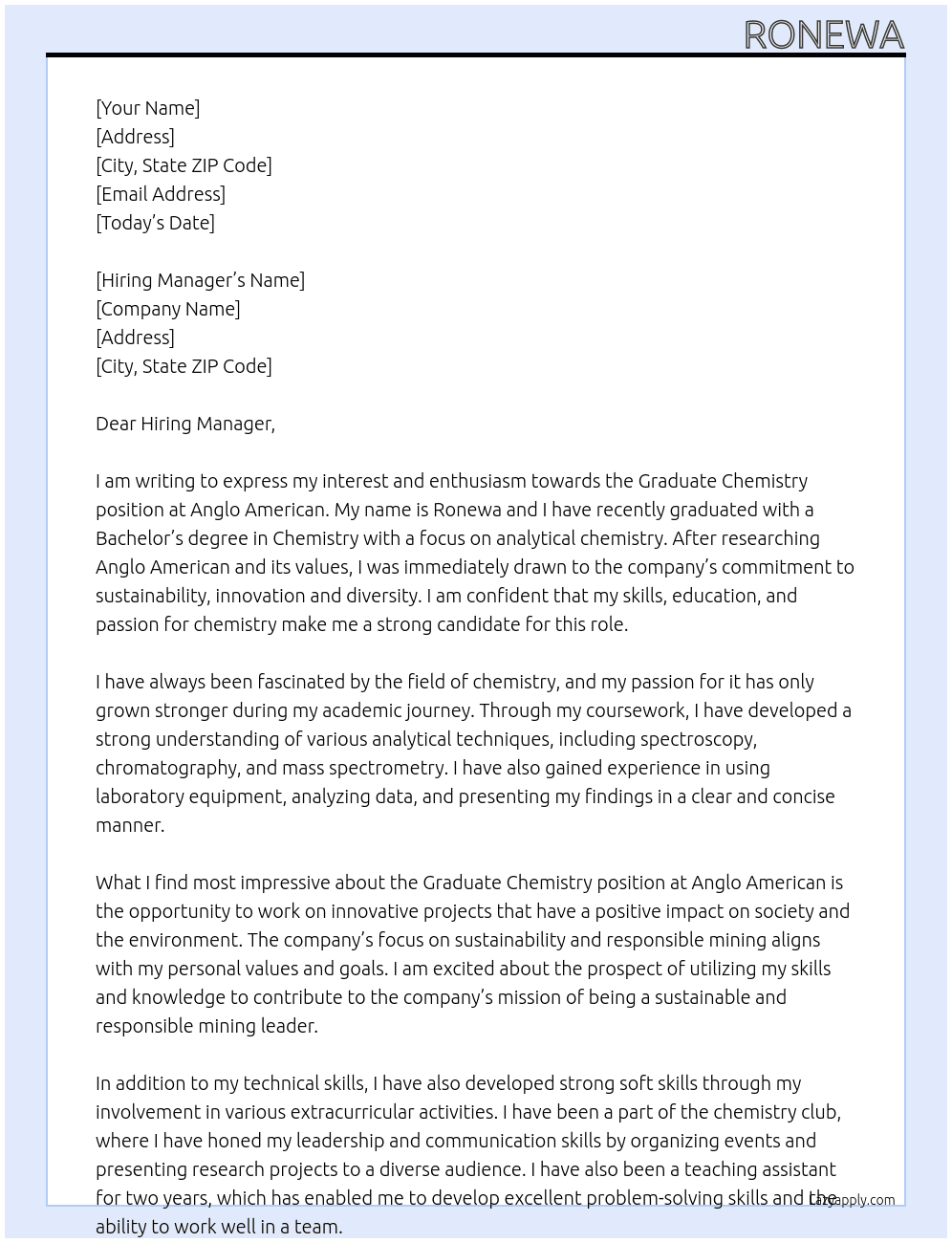 Graduate Chemistry At Ango american Cover Letter