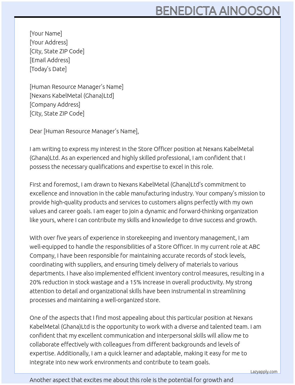 Store officer At Nexans KabelMetal (Ghana)Ltd Cover Letter