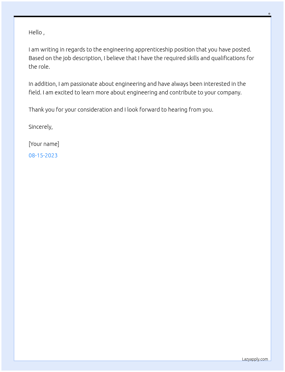 Engineering apprenticeship  At . Cover Letter
