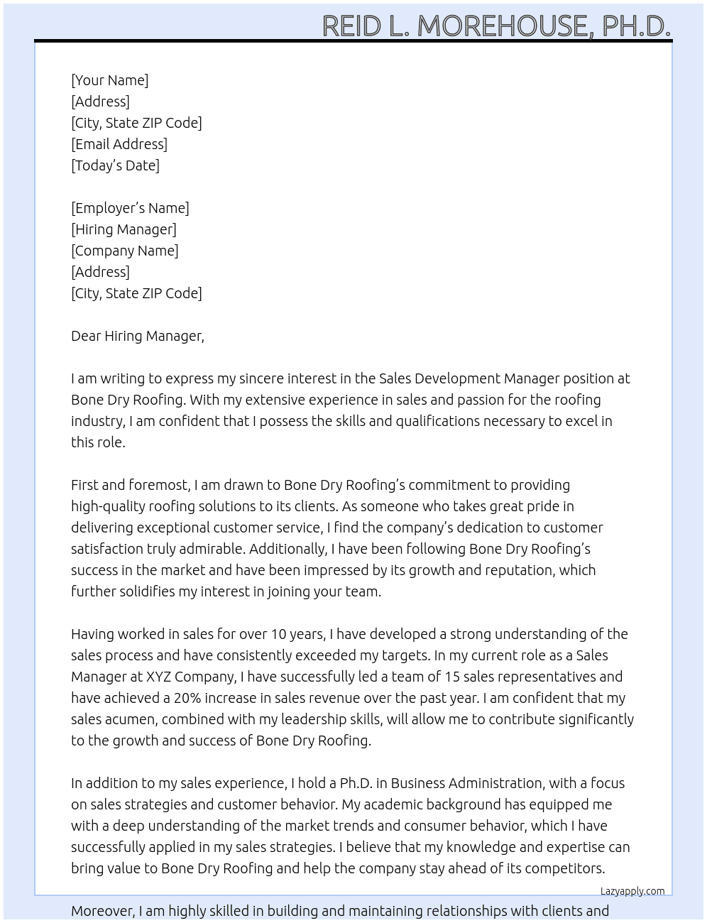 Sales Development Manager At Bone Dry Roofing Cover Letter