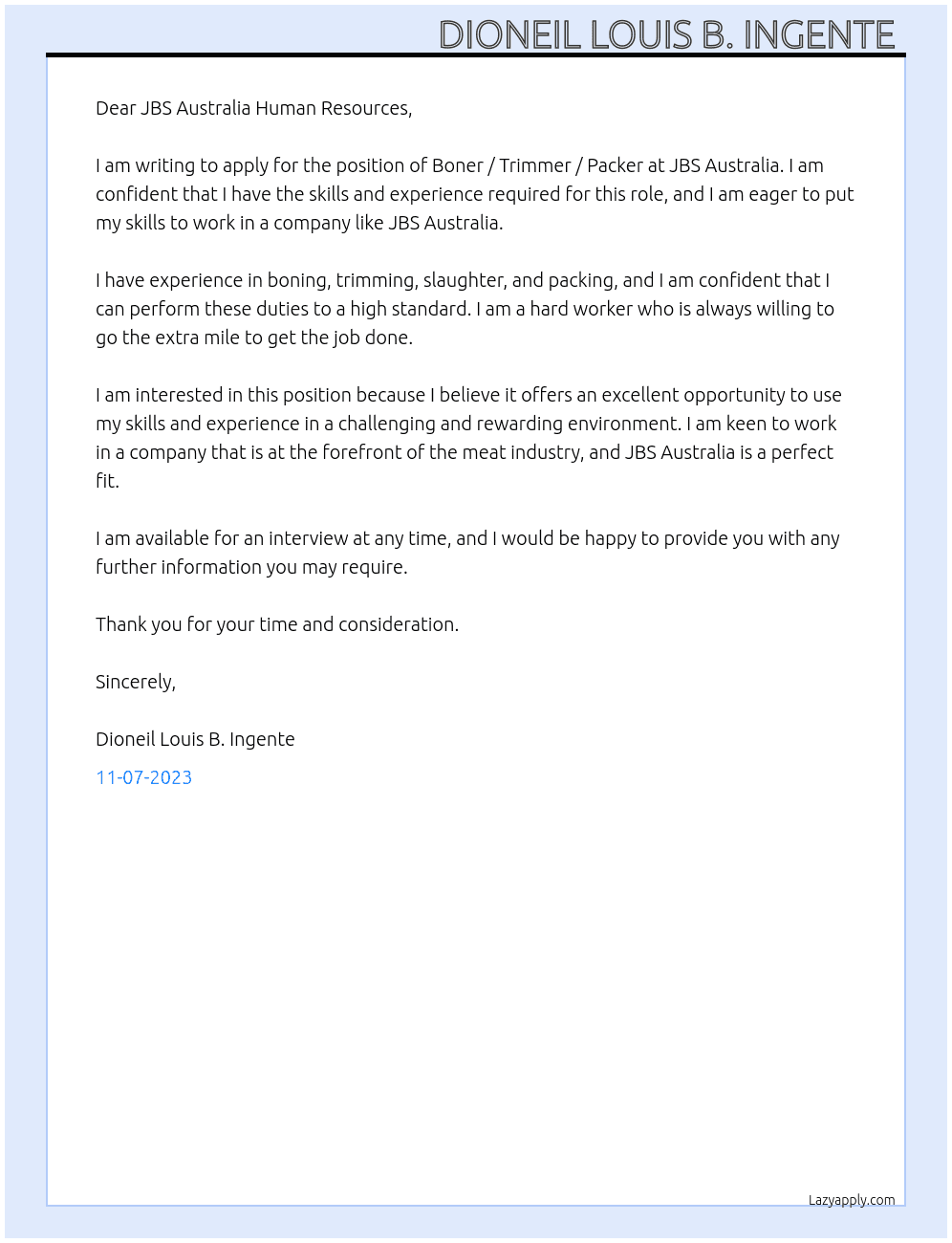 Boner / Trimmer / Packer At JBS Australia  Cover Letter