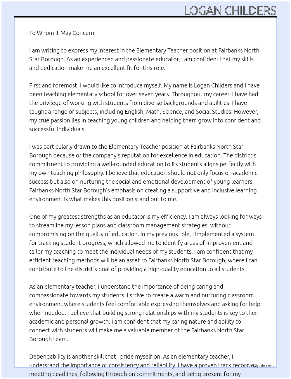 Elementary Teacher  At Fairbanks North Star Borough  Cover Letter