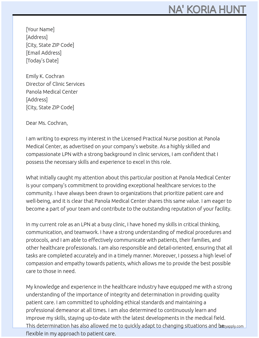 Licensed Practical Nurse At LPN position - Panola Medical Center Cover Letter