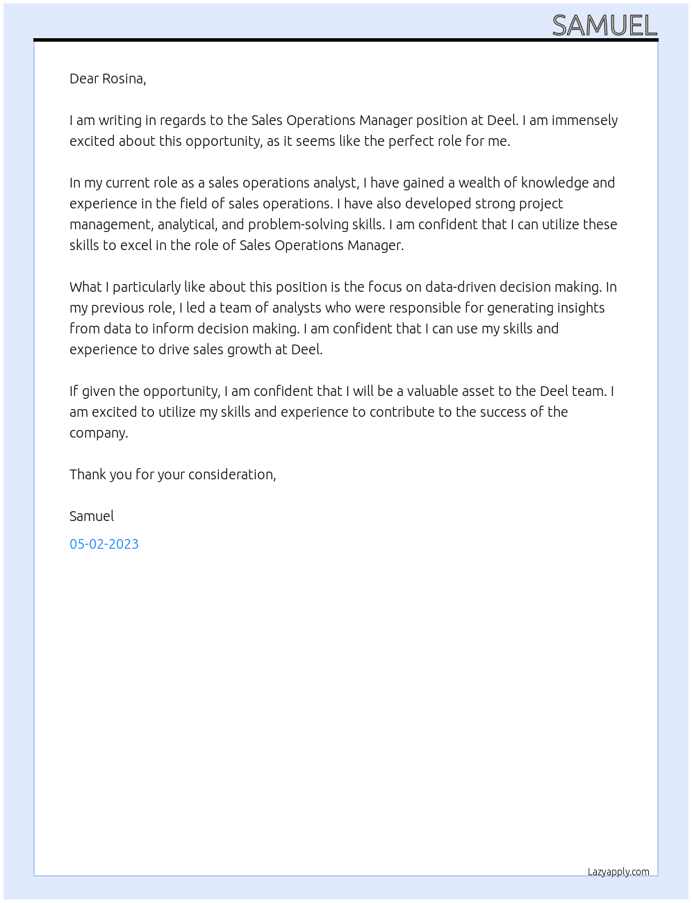 sales operations manager At Deel Cover Letter
