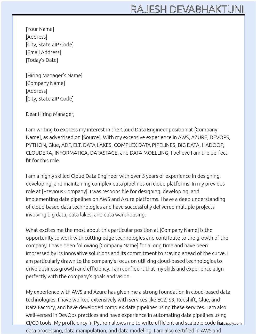 Cloud data engineer  At abc Cover Letter