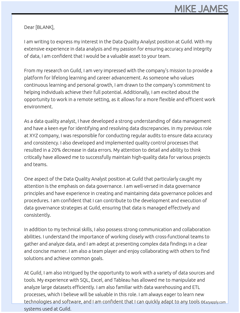 Data Quality Analyst At Guild Cover Letter