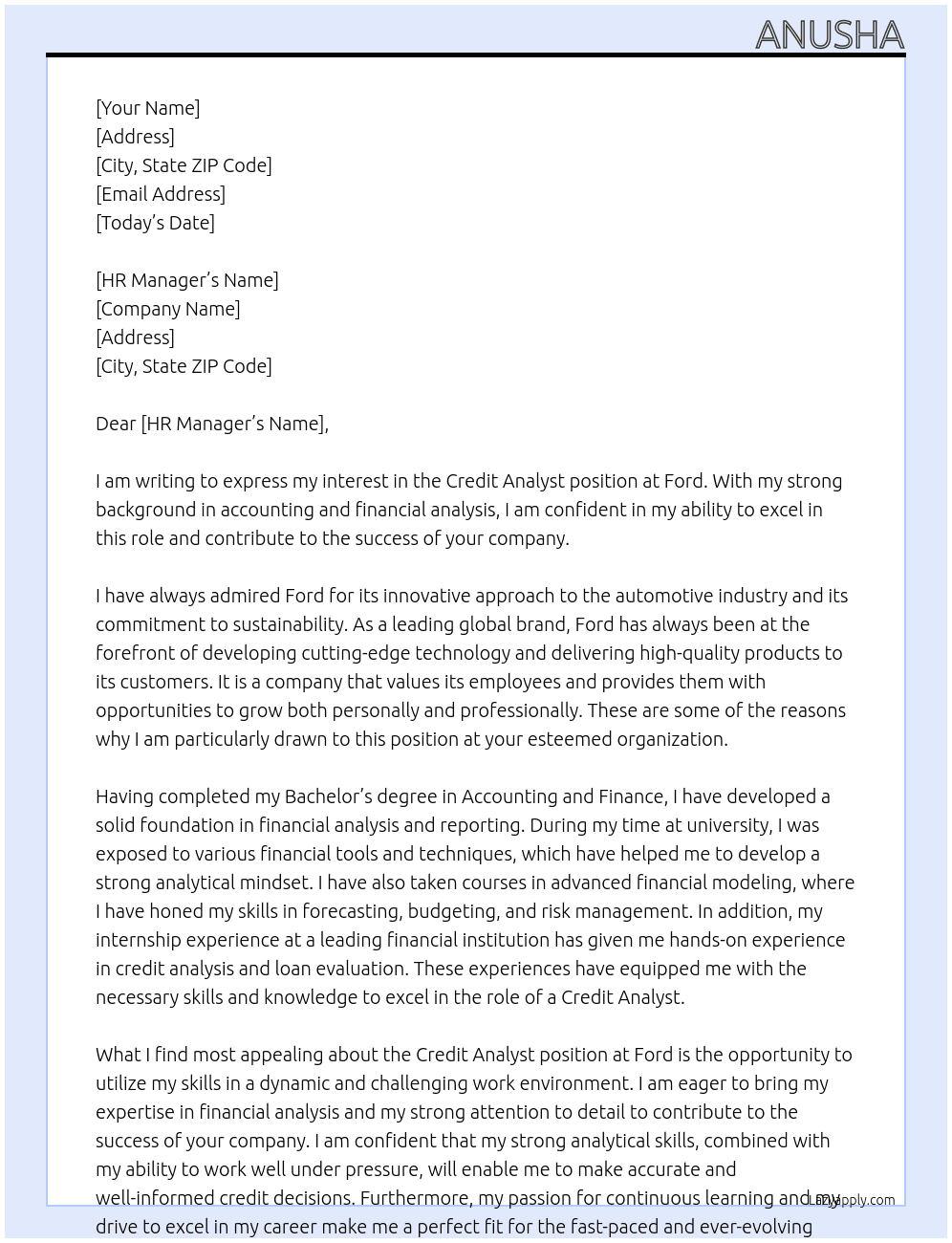 Credit analyst  At Ford Cover Letter