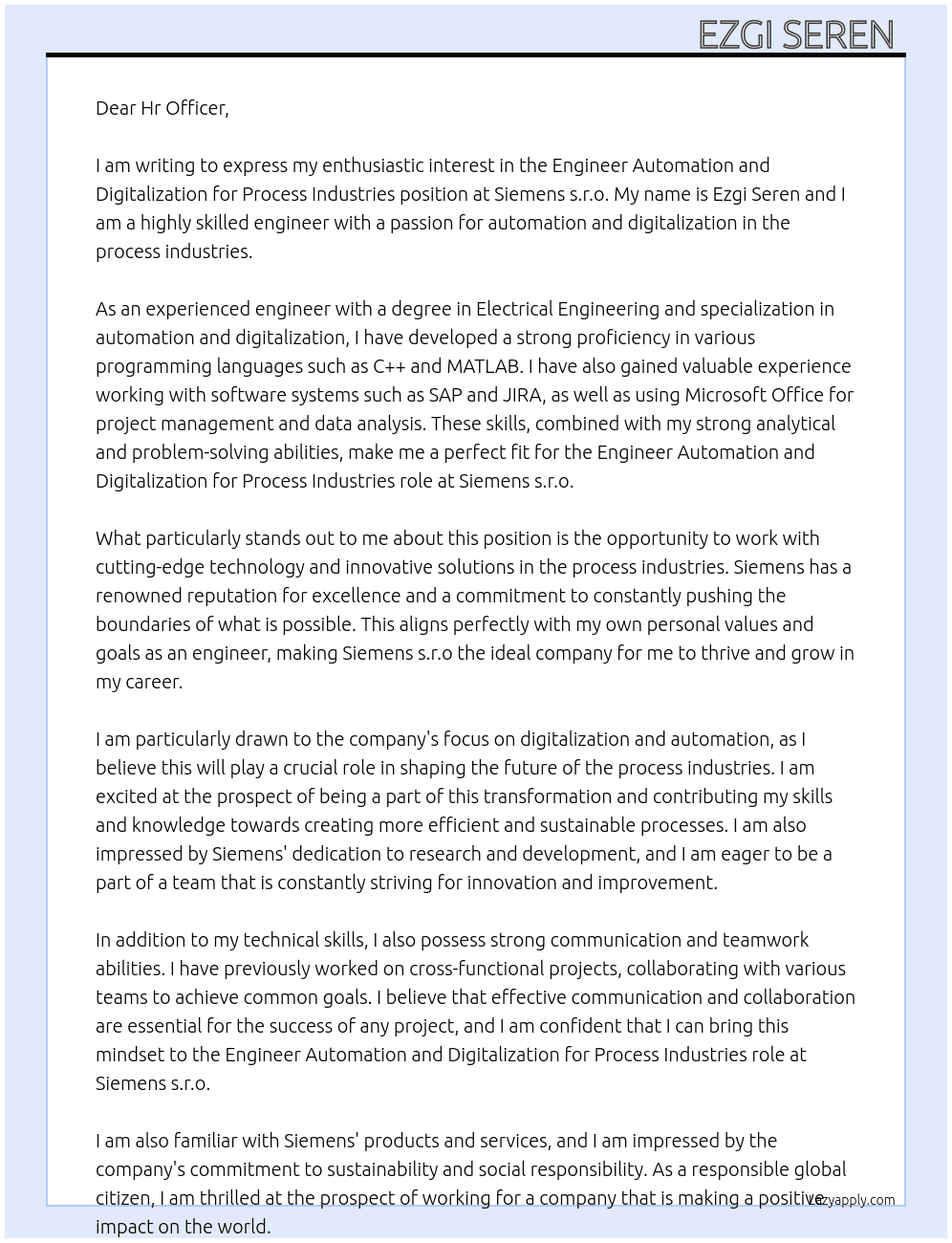 Engineer Automation and Digitalization for Process Industries At Siemens s.r.o Cover Letter