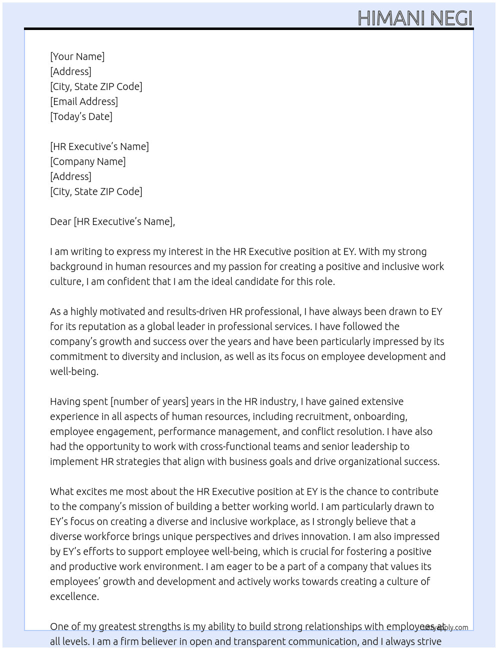 HR Executive  At EY Cover Letter