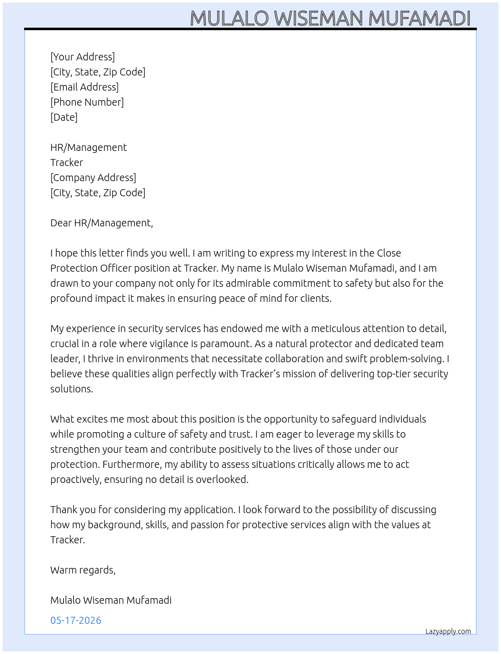 Close Protection Officer  At Tracker  Cover Letter