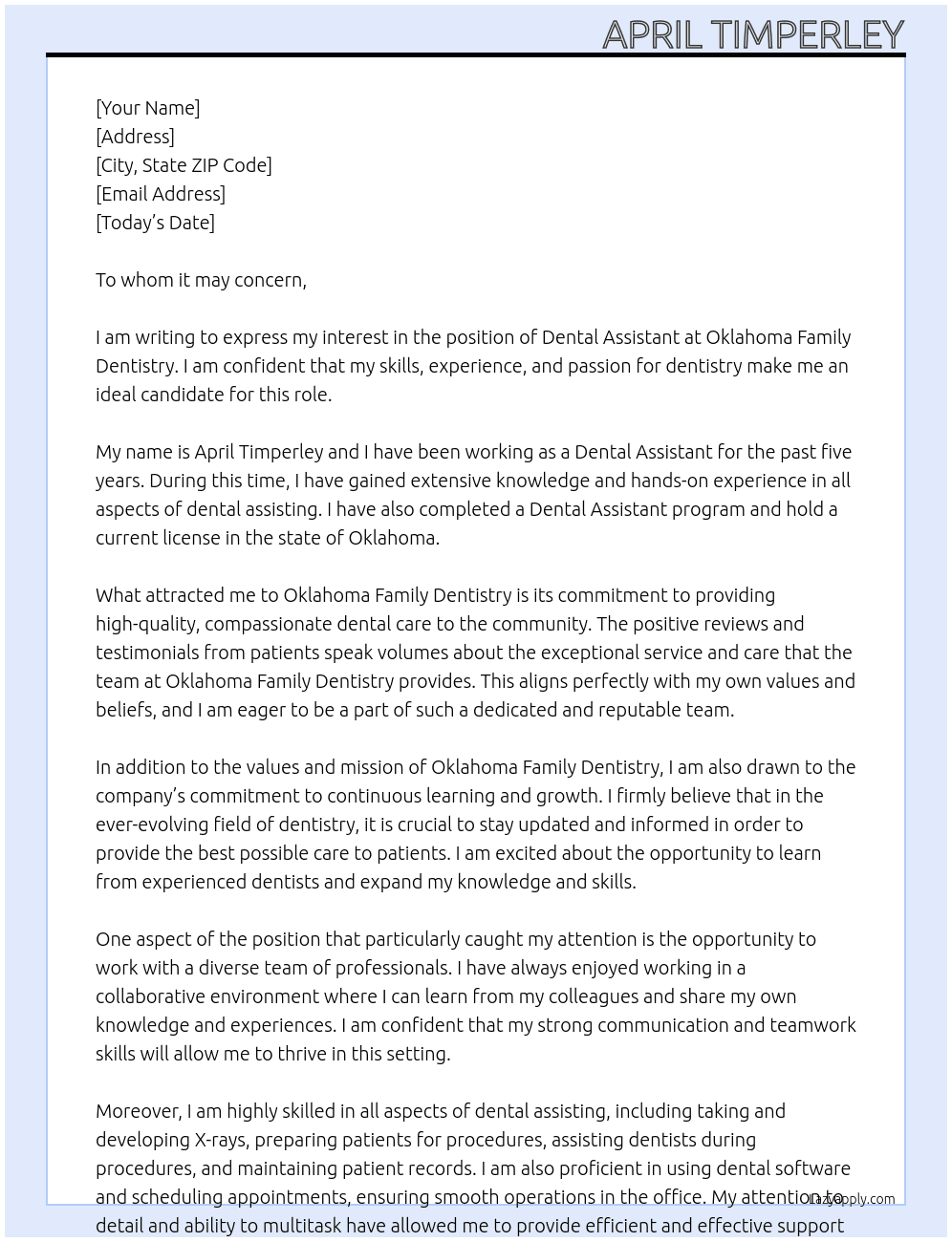 Dental assistant At Oklahoma Family Dentistry Cover Letter