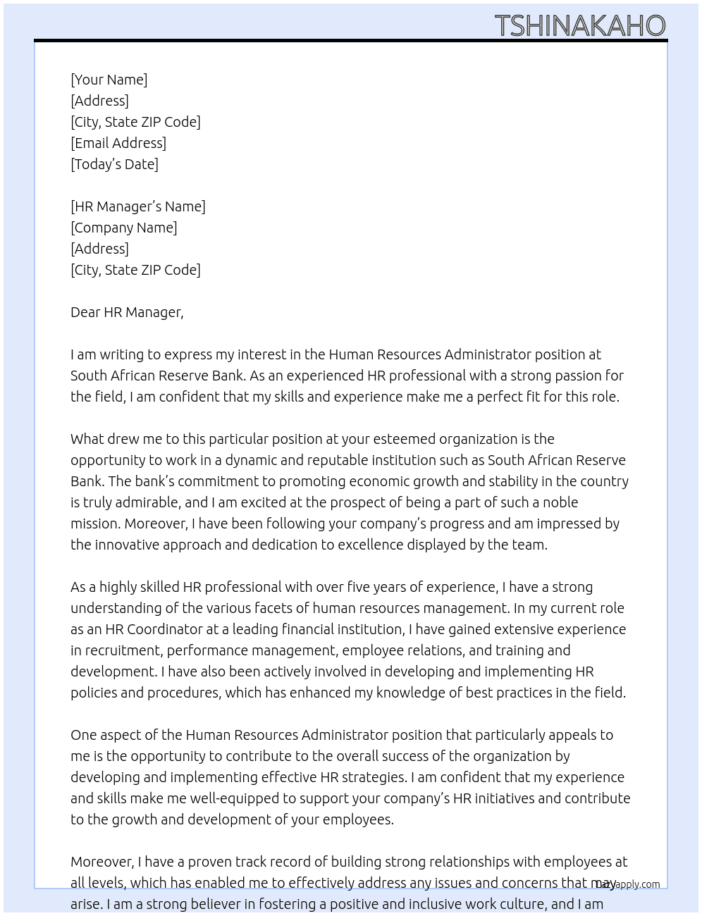 Human Resources Administrator At South African Reserve Bank Cover Letter