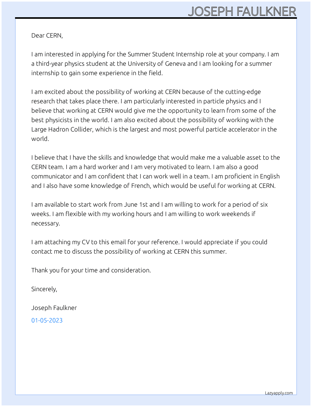 Summer Student At CERN Cover Letter