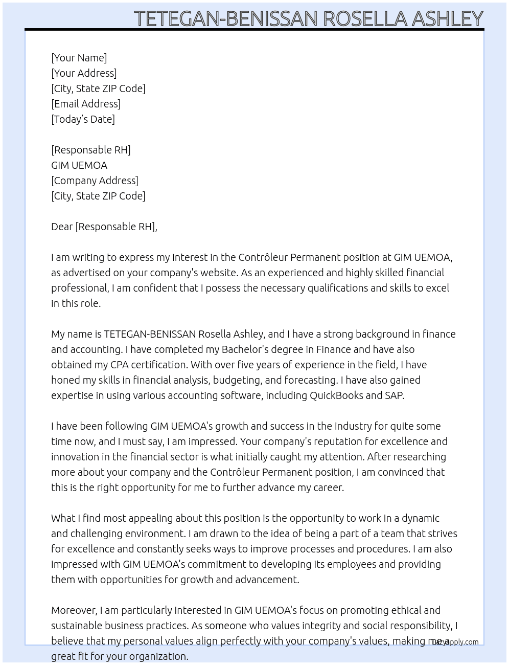 contrôleur permanent At GIM UEMOA Cover Letter