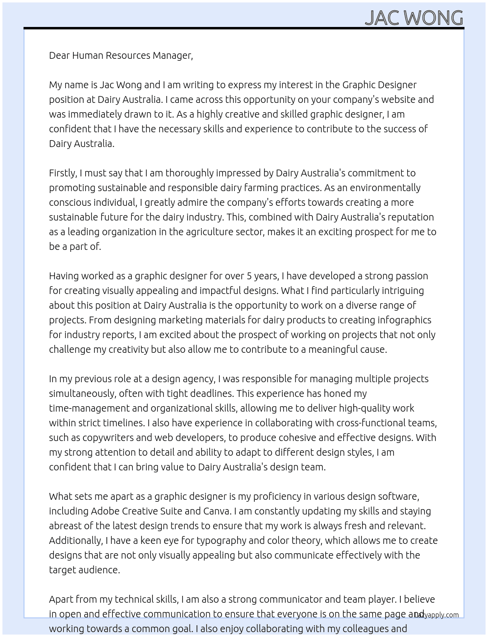 graphic designer At Dairy Australia Cover Letter