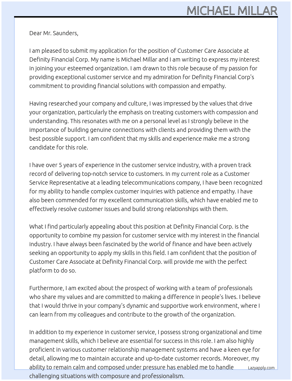 Customer Care Associate At Definity Financial Corp. Cover Letter