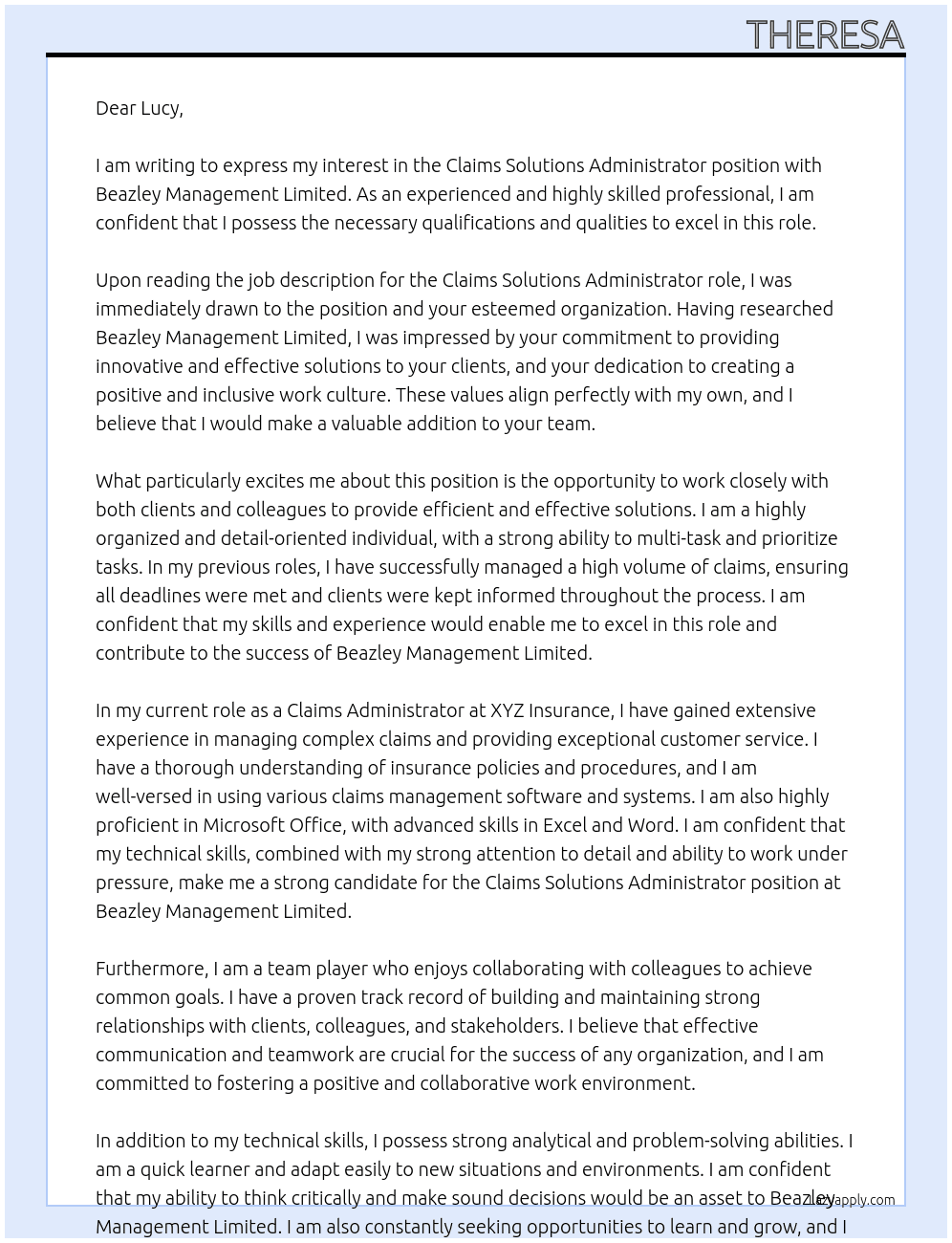 CLAIMS SOLUTIONS ADMINISTRATOR At beazley management limited  Cover Letter