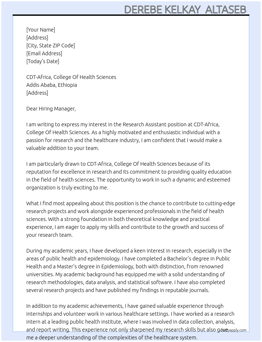 Research Assistant  At CDT-Africa, College Of Health Sciences, Addis Ababa Cover Letter