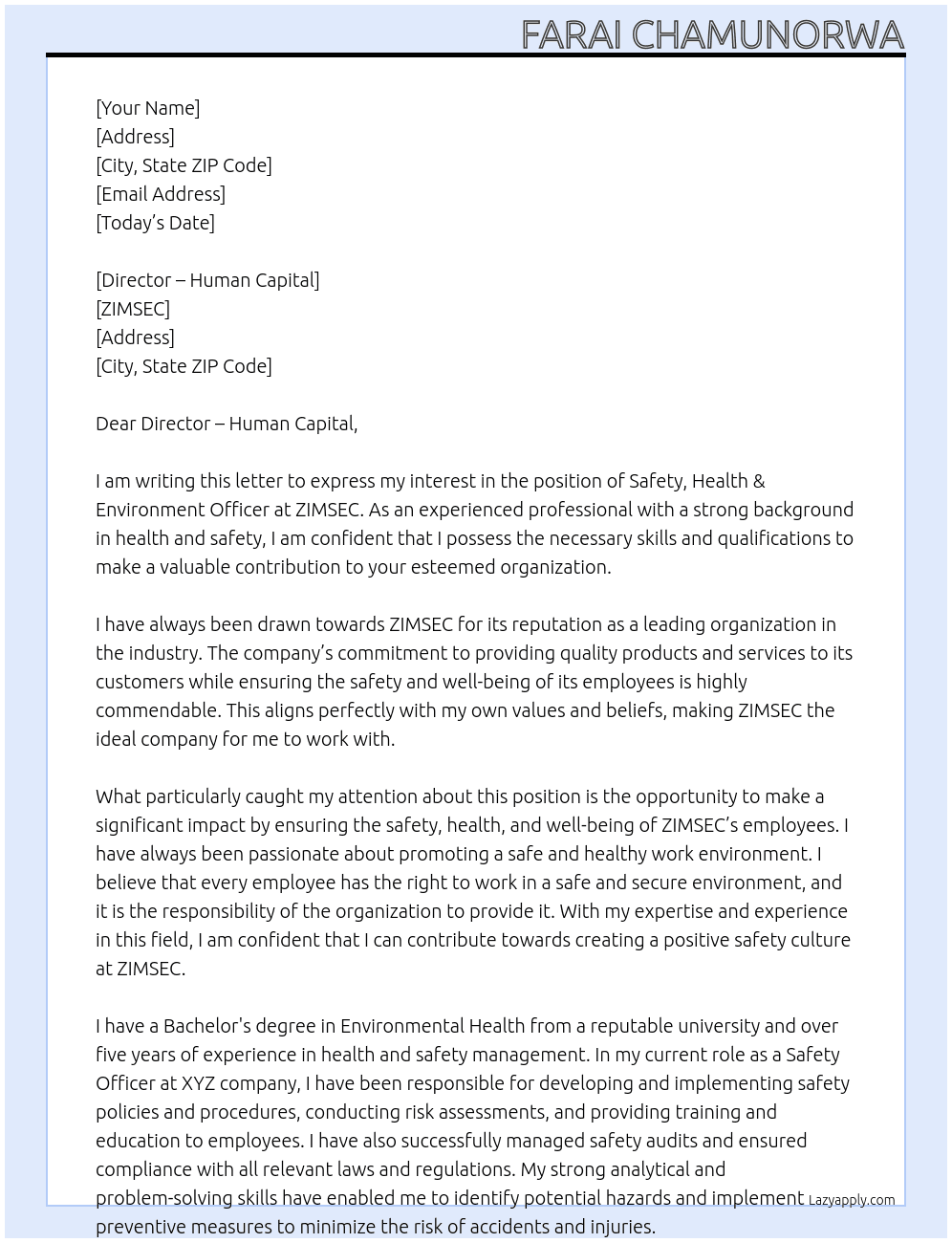 SAFETY, HEALTH & ENVIRONMENT OFFICER At ZIMSEC  Cover Letter