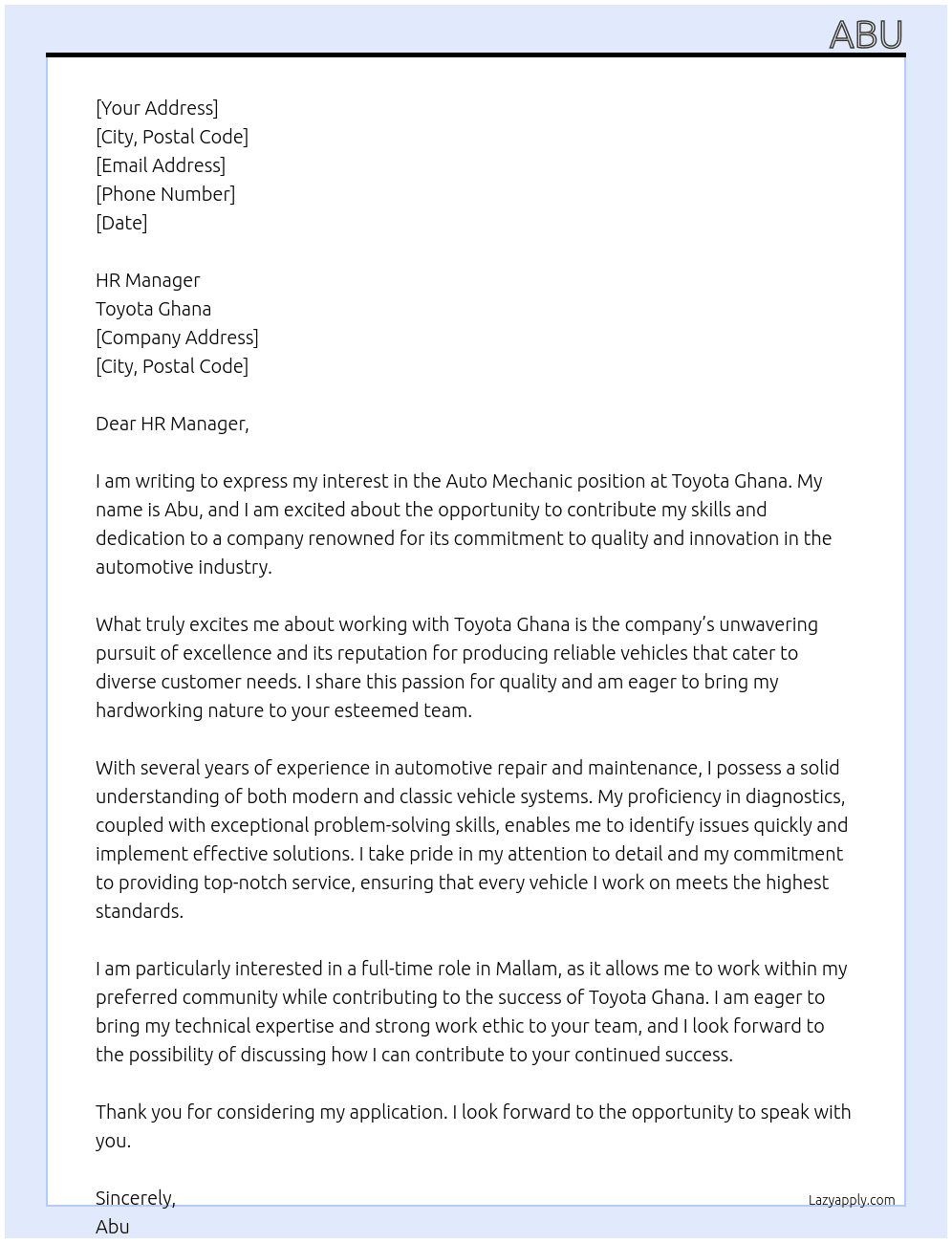 Auto mechanic  At Toyota ghana Cover Letter