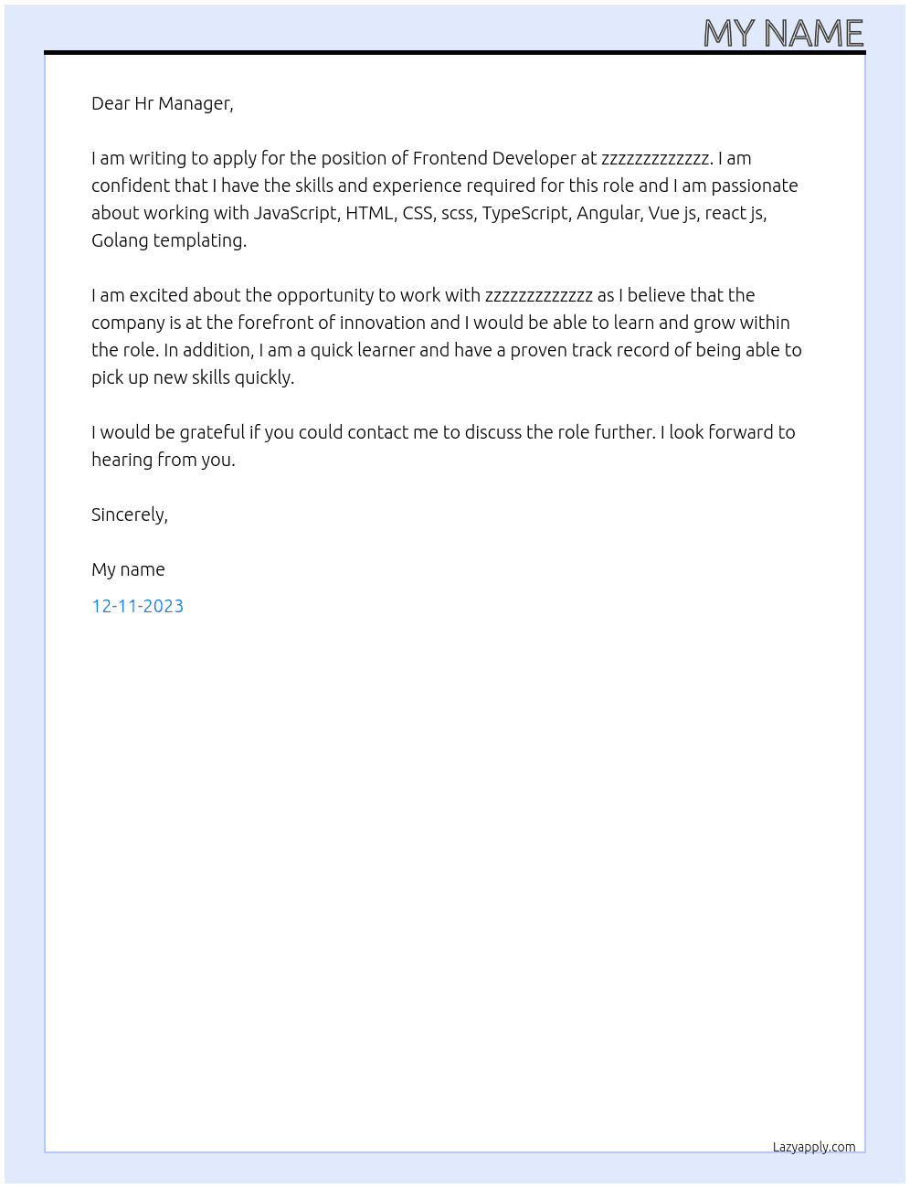 Frontend Developer At zzzzzzzzzzzzz Cover Letter