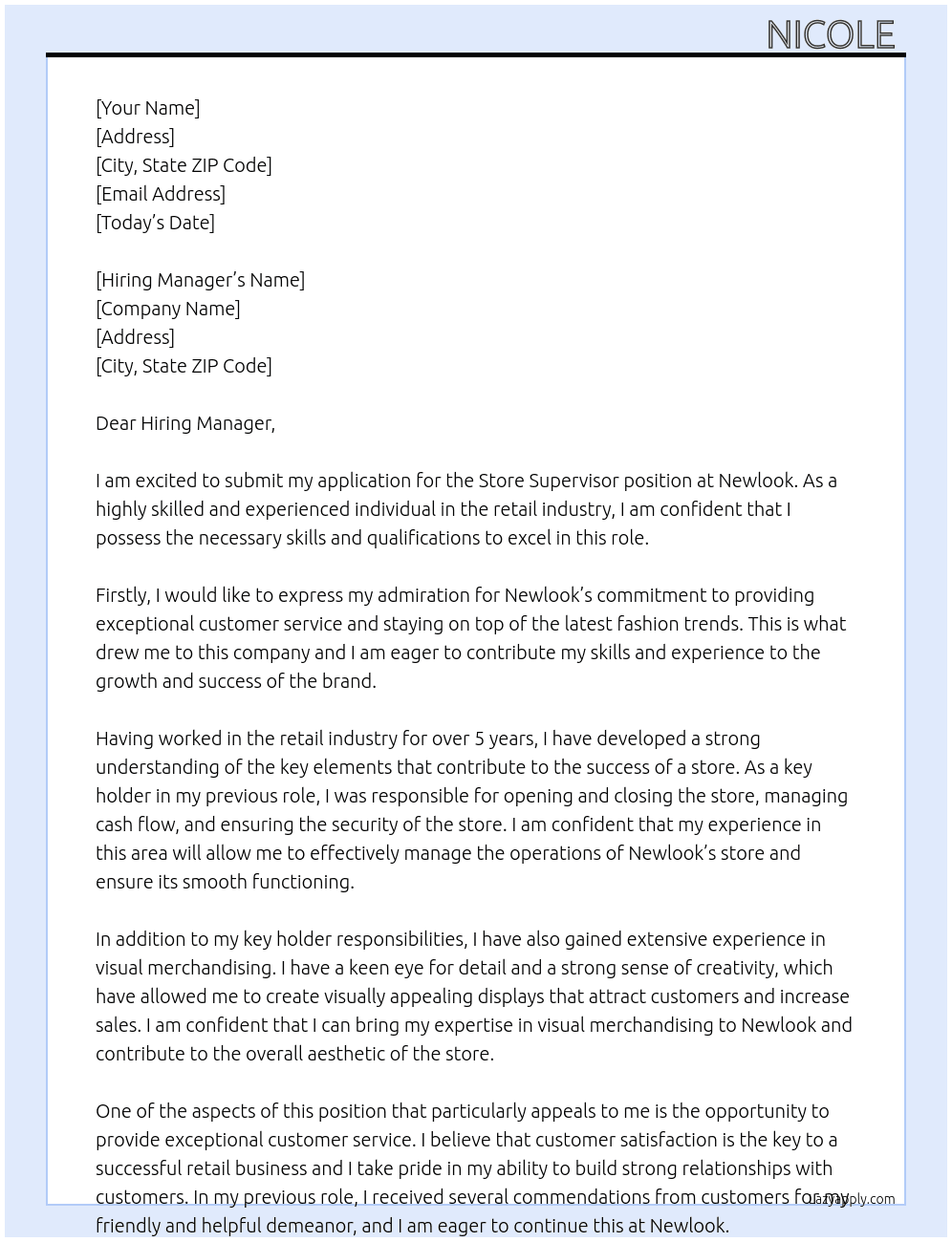 Store supervisor  At Newlook  Cover Letter