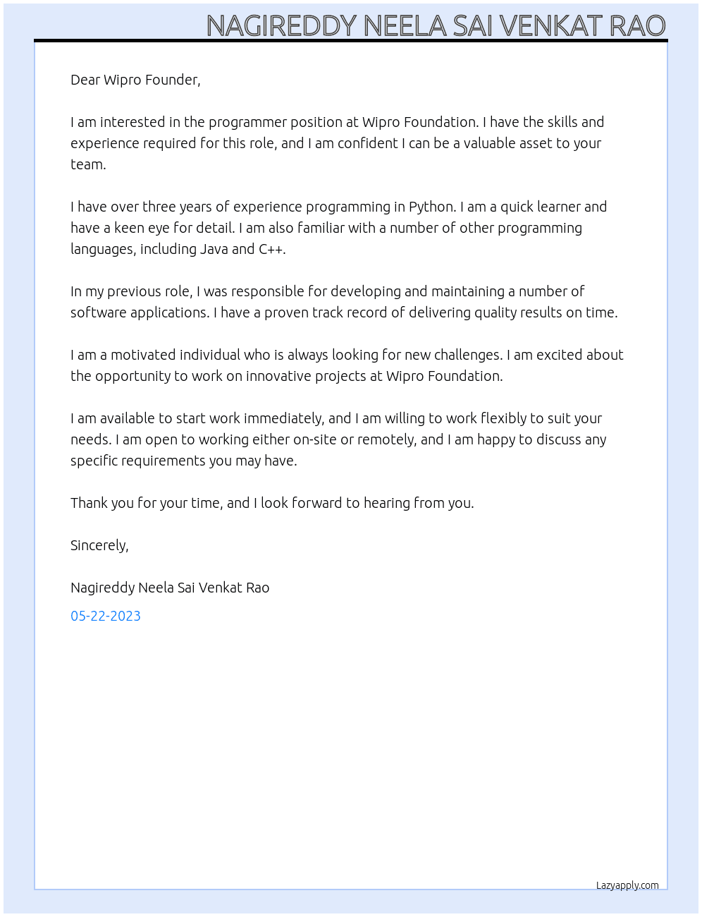 Programmer At Wipro Foundation Cover Letter