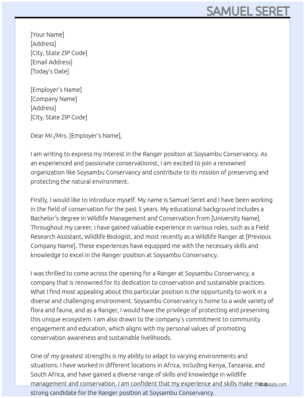 Ranger At Soysambu conservecy  Cover Letter