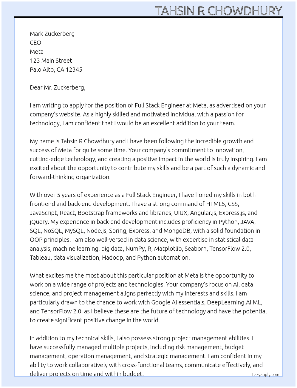 Full Stack Engineer  At Meta Cover Letter