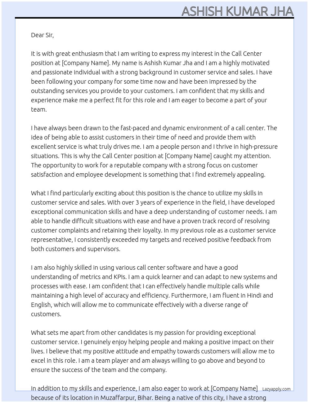 Call center  At Call center  Cover Letter