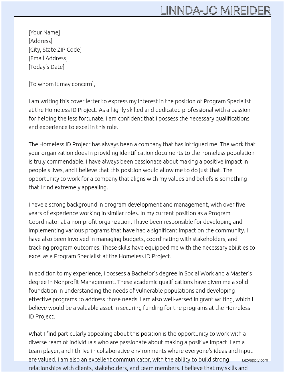 Program specialist At Homeless ID project Cover Letter