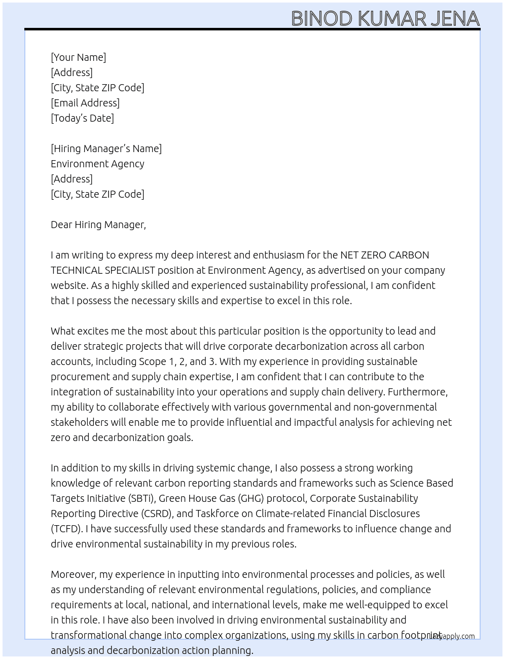 NET ZERO CARBON TECHNICAL SPECIALIST At Environment Agency Cover Letter