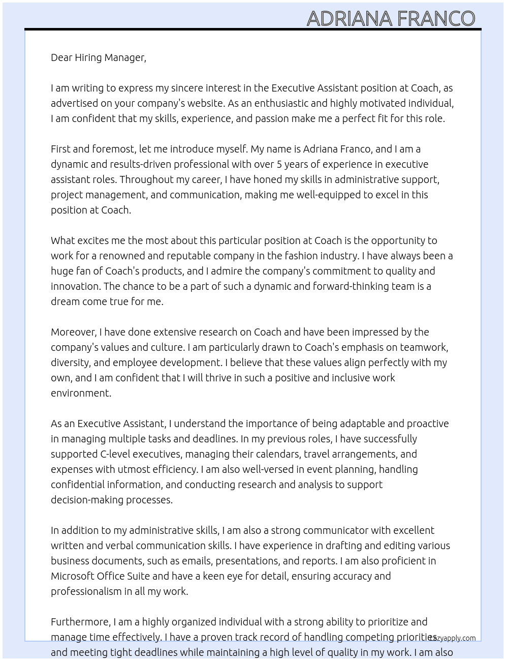 Executive Assistant  At Coach  Cover Letter