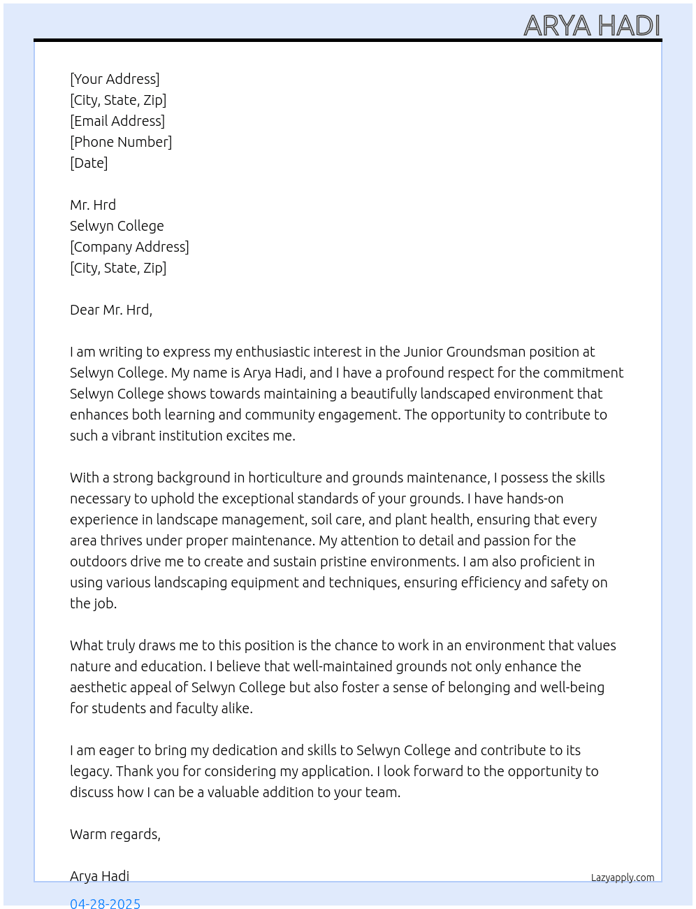 Junior Groundsman At Selwyn College Cover Letter