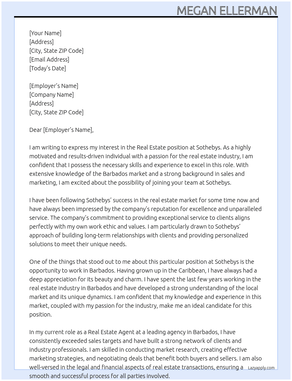 Real estate At Sothebys Cover Letter