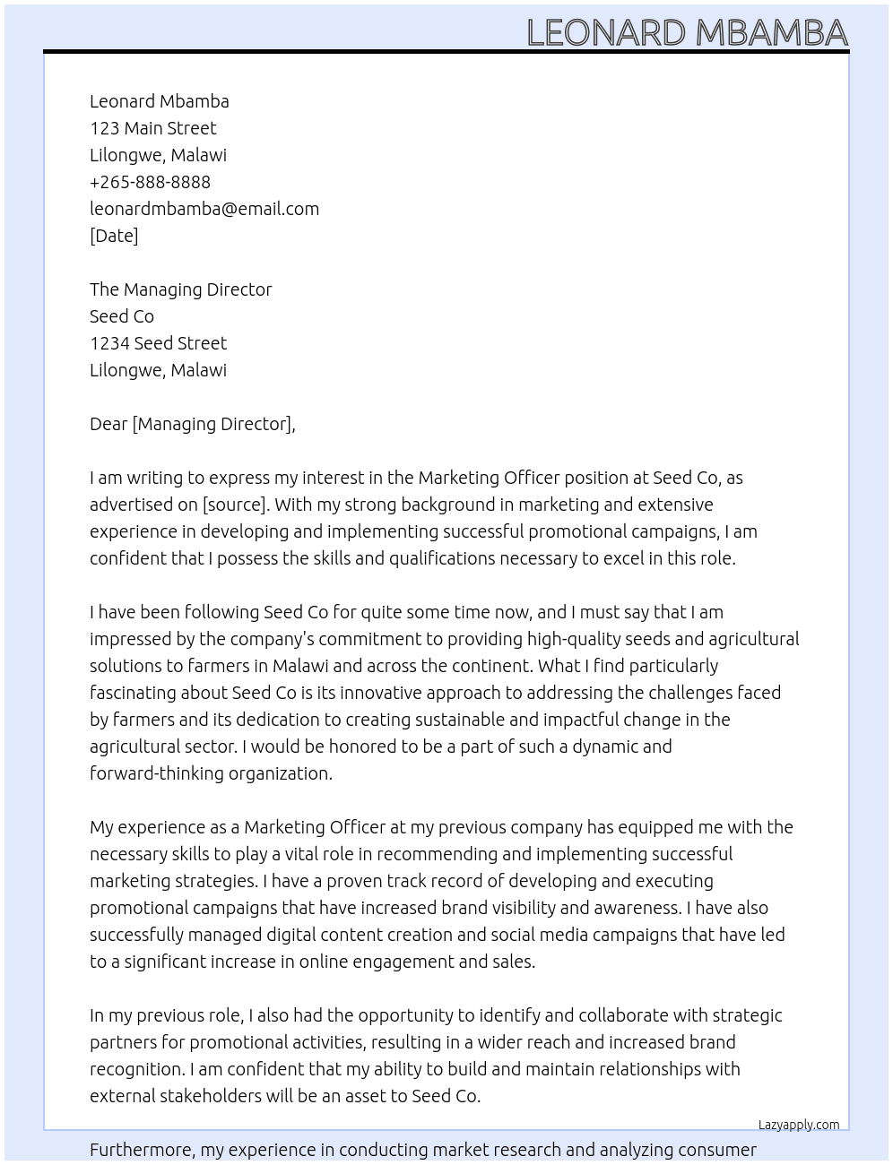 Marketing Officer At Seed Co Cover Letter