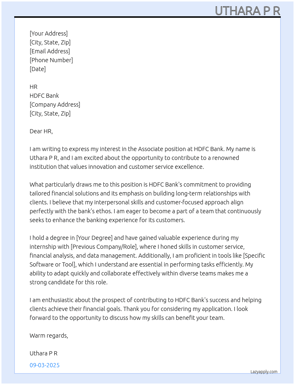 Associate At HDFC Bank Cover Letter
