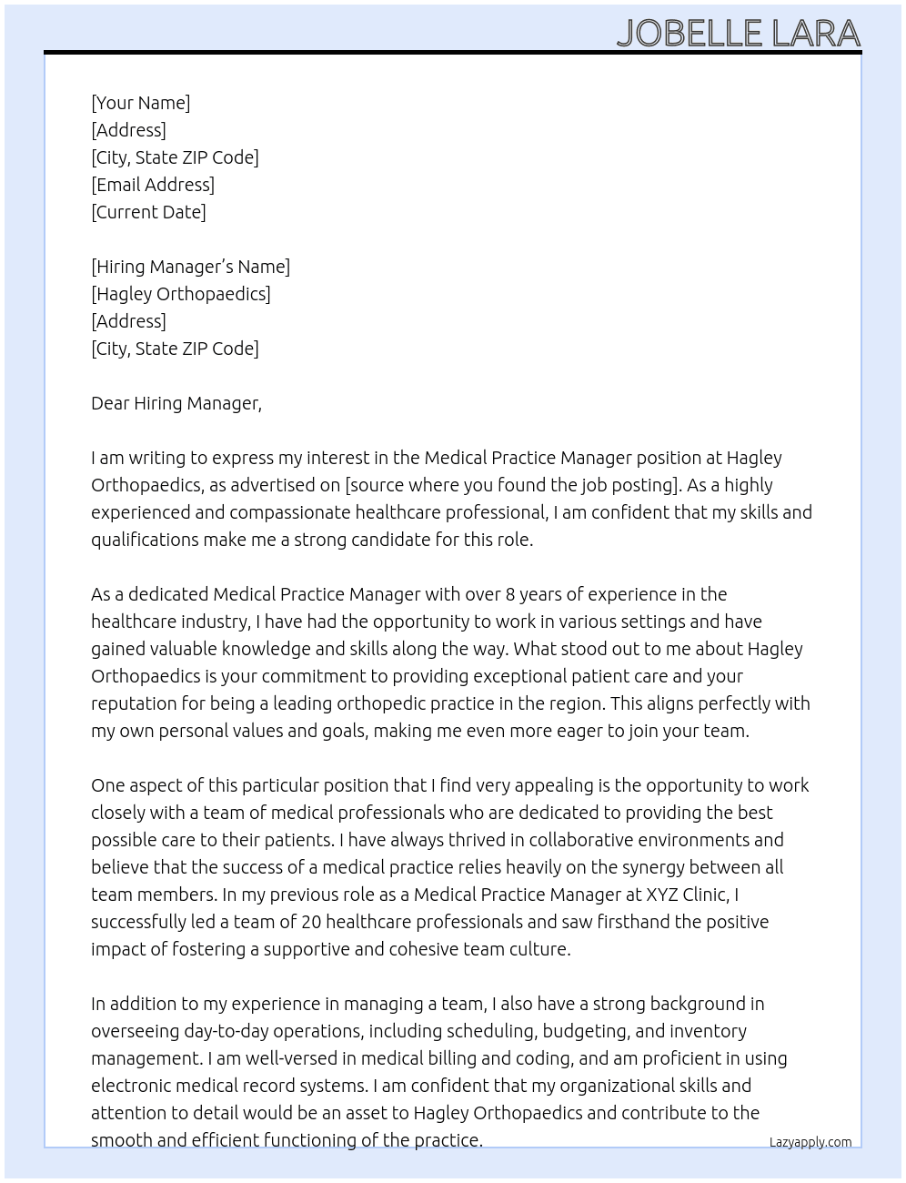 Medical Practice Manager At Hagley Orthopaedics Cover Letter