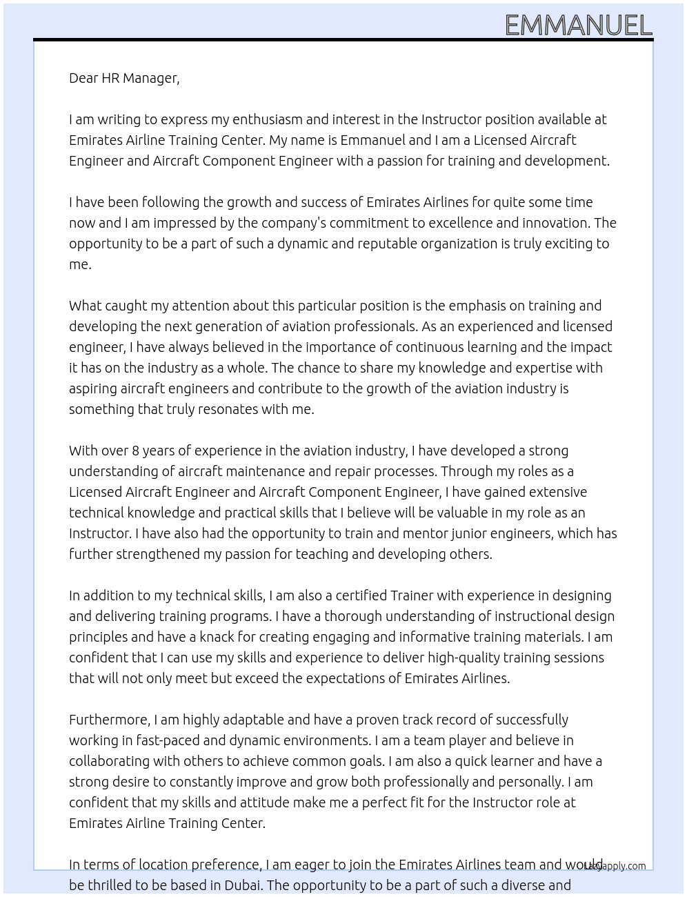 Instructor At emirates airline training center Cover Letter