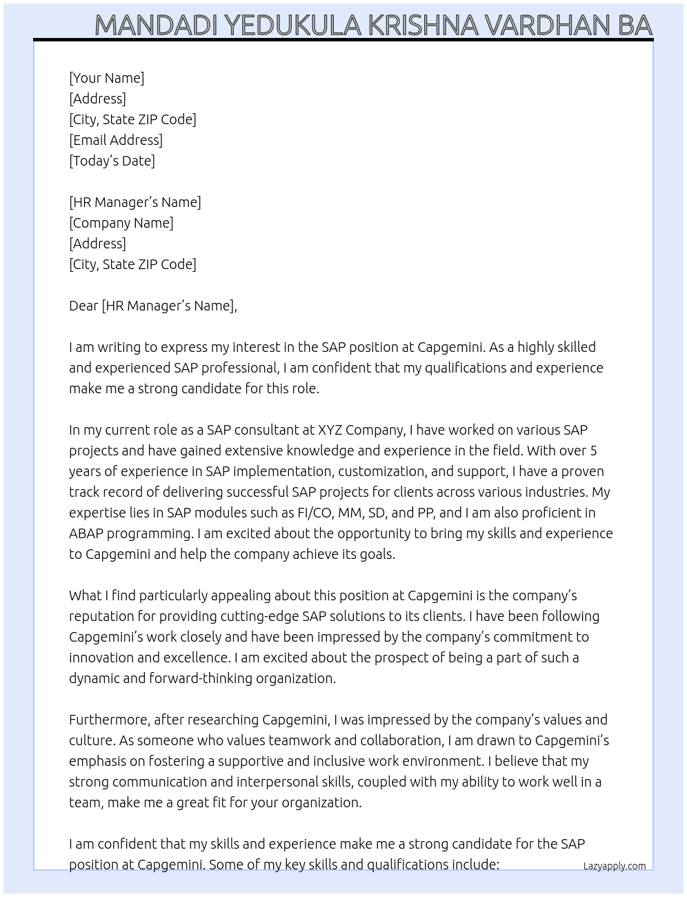 SAP At Capgemini  Cover Letter