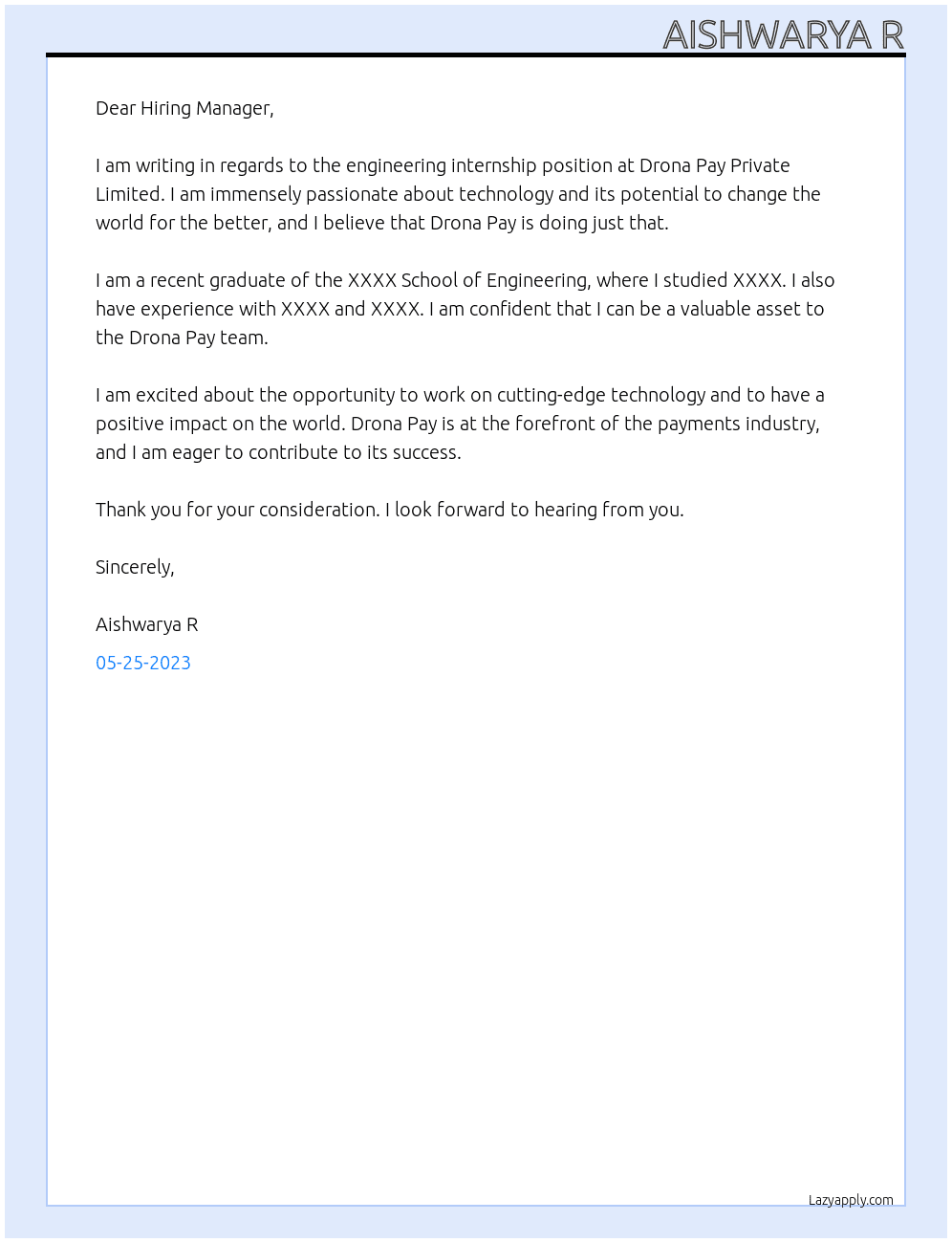 Prompt Engineering At Drona Pay Private Limited Cover Letter