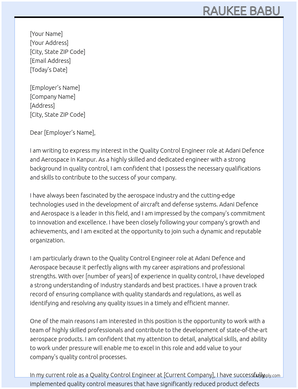 Quality control  At Adani Defence and Aerospace  Cover Letter