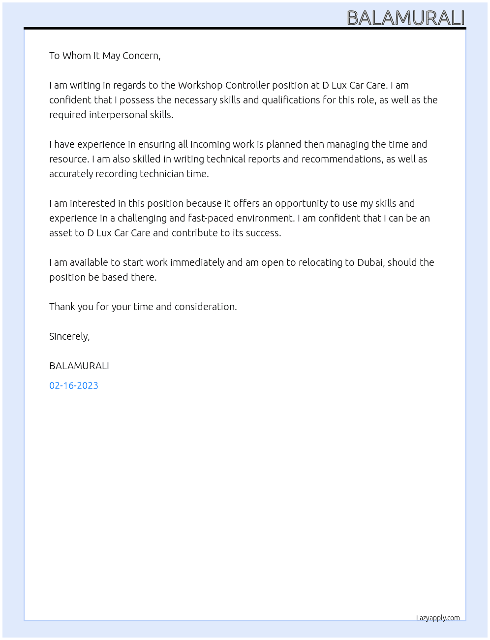 Workshop controller At D Lux Car Care Cover Letter