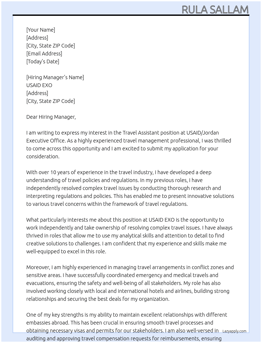 Travel Assistant at USAID/Jordan Executive Office  At USAID EXO Cover Letter