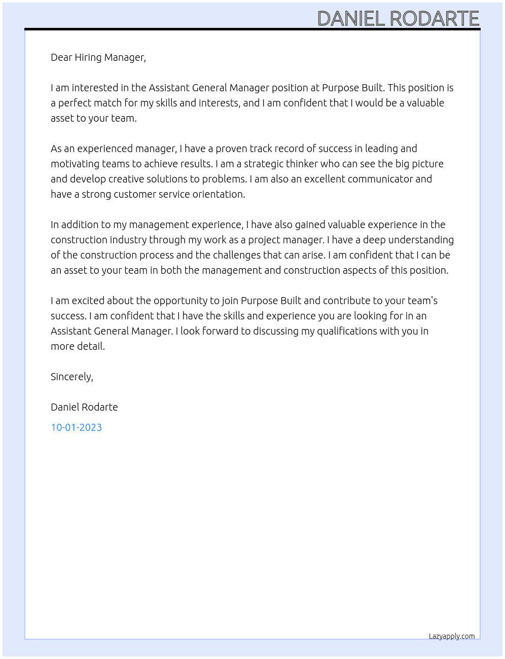 Assistant General Manager At Purpose Built  Cover Letter