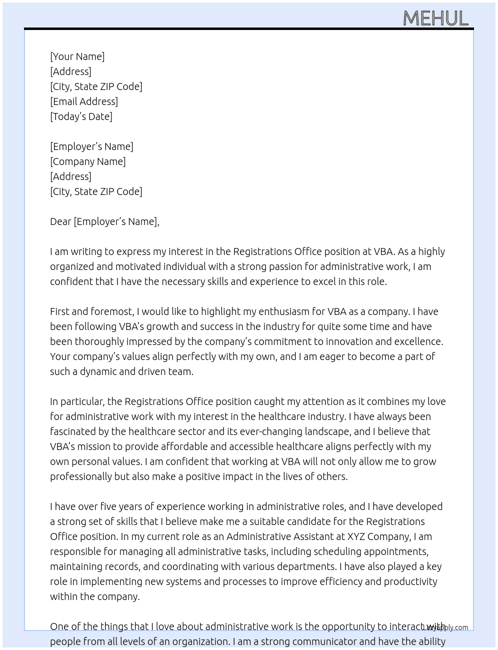 Registarions office  At VBA Cover Letter