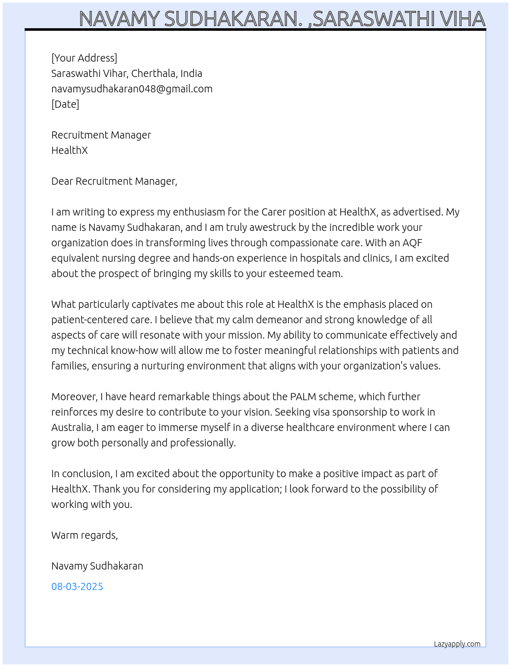 Carer At HealthX Cover Letter